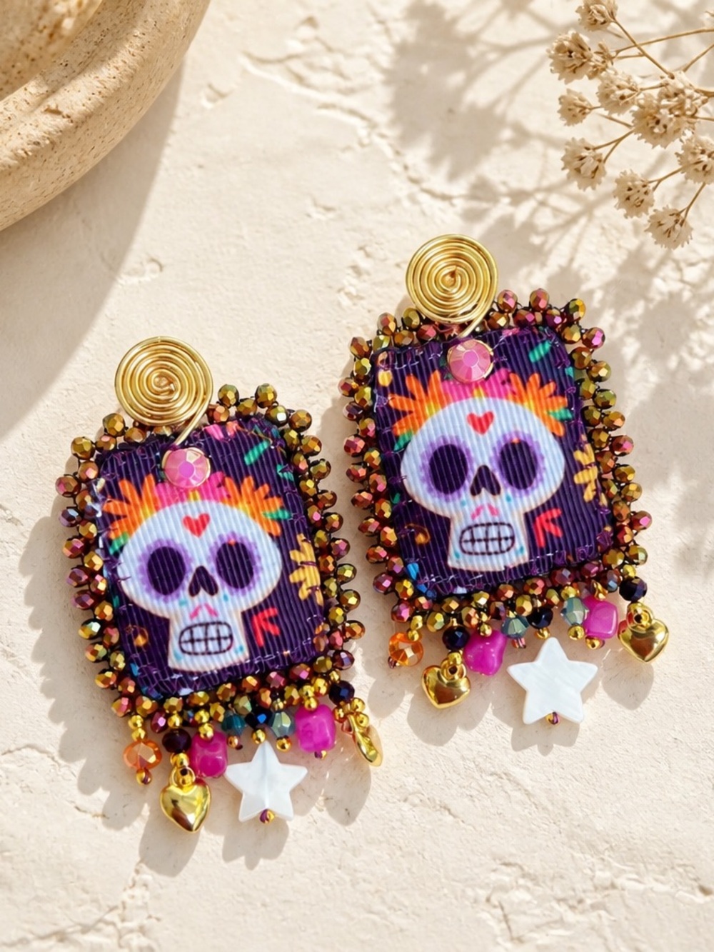 Vibrant Purple Day of the Dead Skull Beaded Dangle Earrings